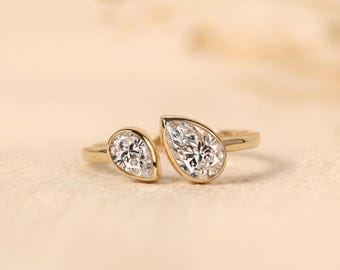 Pear Lab Grown Diamond Two Stone Ring, Bezel Set, 10K-18K Gold