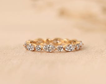 14K Gold Marquise Round Diamond Band Ring, Eternity Wedding Stackable Band