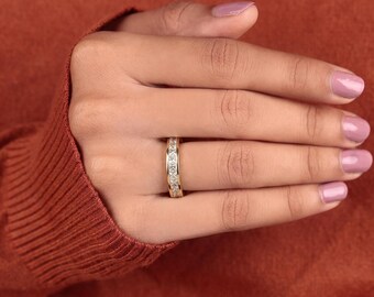Princess Cut Lab Grown Diamond Half Eternity Band, Channel Set Gold Wedding Ring