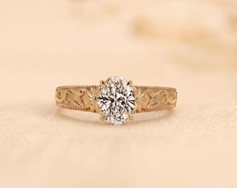 Vintage Oval Lab Grown Diamond Solitaire Ring, Gold Floral Band