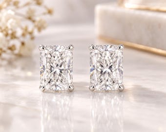 4 Carat Radiant Cut Lab Grown Diamond Stud Earrings, 14K White Gold