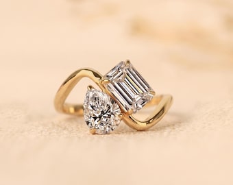 Two-Stone Emerald & Pear Cut Lab Grown Diamond Ring, Prong Setting Gold Engagement Band