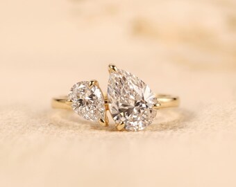 Toi et Moi Pear Shape Lab Grown Diamond Engagement Ring, Two Stone Solitaire Ring