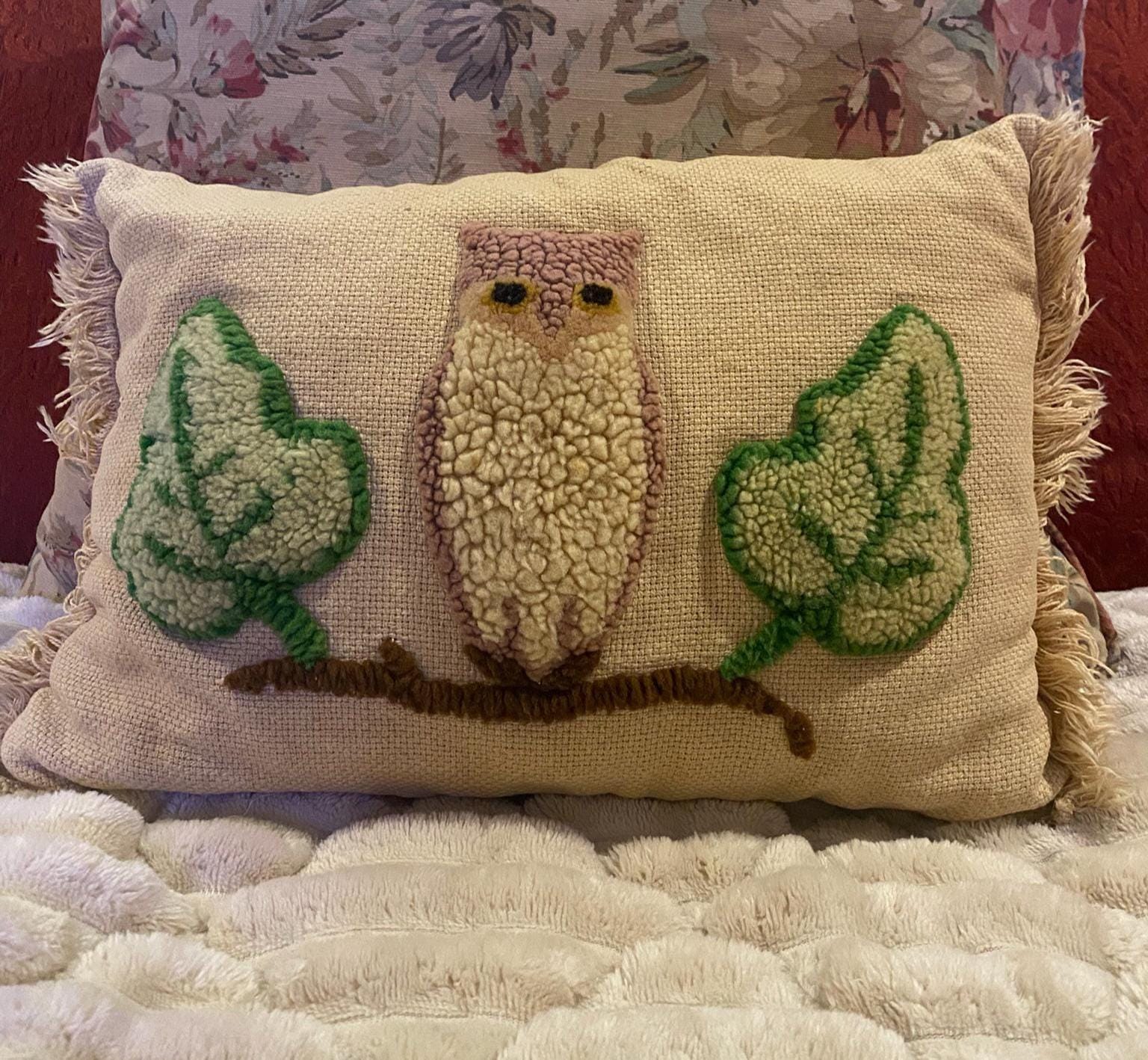 Vintage Hooked Wood Owl Pillow | Lumbar Accent Cushion | Primitive Fringe Edge Boho Woodland Owl on