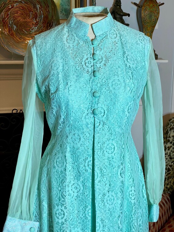 Vintage 1970s Robins Egg Blue Lace Mother-of-the … - image 1