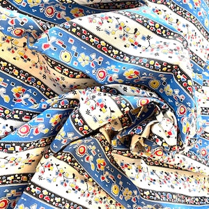 35&quot; Wide 1950&#39;s-Quilting Print-About 1 1/4 yd-Red,Blue,Yellow and Black Cotton Print-Cubic Flowers on Stripes-Old Cotton -Striped Fabric