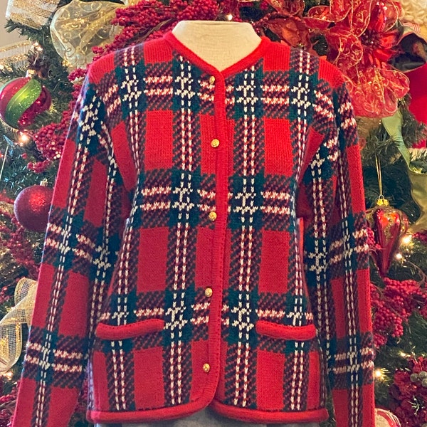 Vintage Crystal-Kobe Red Plaid Cardigan Christmas Sweater-Petite Sweater-Plaid Christmas Sweater-Vintage Christmas Sweater-Plaid Swaeater