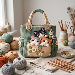 Puede incluir: Un bolso de ganchillo color verde salvia con un bolsillo frontal beige adornado con tres pequeños gatos de peluche tejidos en negro, gris y naranja. El bolso incluye dos asas superiores, botones de madera y adornos de flores blancas.