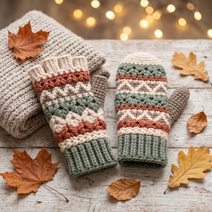Könnte beinhalten: Ein Paar gehäkelte Handwärmer bestehend aus einem fingerlosen Handschuh und einem Fäustling, beide mit einem mehrfarbigen geometrischen Muster in Salbeigrün, Creme und Terrakotta-Orange sowie gerippten Bündchen und strukturierten Maschen.