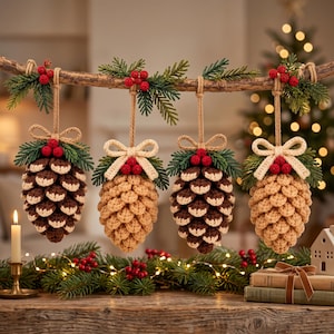 May include: Four crocheted pinecone ornaments hanging from a wooden branch. Each pinecone features a tan or brown textured body, a small cream or tan bow, green crocheted pine needles, and three small red berries attached to the top of the ornament.