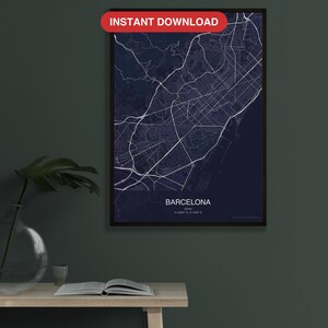 Minimalist Barcelona Map Print, Dark Edition, White Lines on Navy (Digital Download)