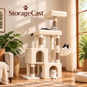 Torre rascador para gatos de 132 cm (52 ​​pulgadas) para gatos de interior con 2 casitas, postes rascadores de sisal, cesta colgante, perchas de felpa y centro de actividades para gatos.