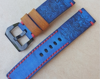 Handmade Blue Leather HANUMAN Hand Drawn watch strap Free steel color buckle.