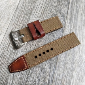 Handmade Green Canvas Leather Watch strap with buckle.