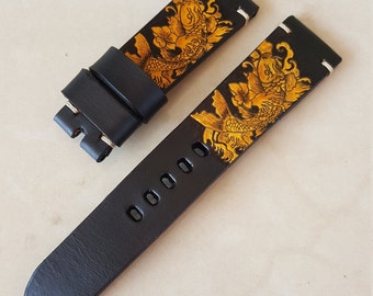 Handmade Leather Hand Paint Tattoo watch strap Free buckle.