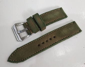 Handmade 100% Vintage Military Green Canvas watch strap with buckle (with out leather).