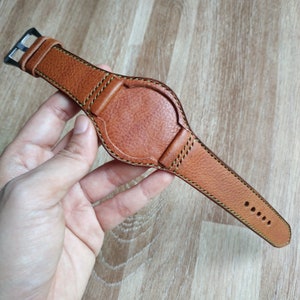 Handmade Italian Natural Tanned Calf with Olive green stitching Vintage Bund Watch Strap Band with buckle.