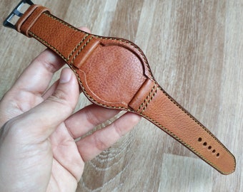 Handmade Italian Natural Tanned Calf with Olive green stitching Vintage Bund Watch Strap Band with buckle.