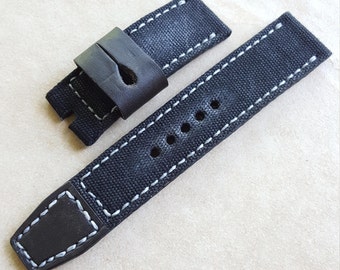 Handmade Black Canvas Leather Vintage watch strap with buckle.