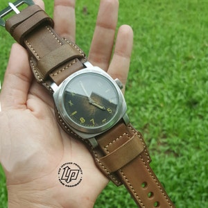 Handmade Tanned/ Olive Green Vintage Bund Watch Strap Band with Pre-V buckle.