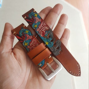 100% Handmade Hand Paint Japanese Carp Koi Art Watch Strap with buckle.