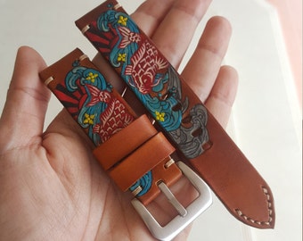 100% Handmade Hand Paint Japanese Carp Koi Art Watch Strap with buckle.