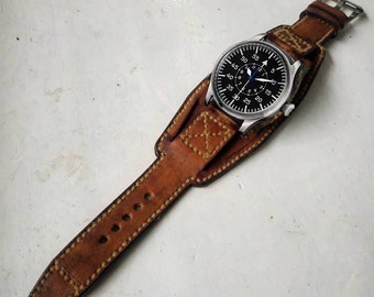 Cinturino fisso in pelle stile pilota vintage fatto a mano con fibbia.
