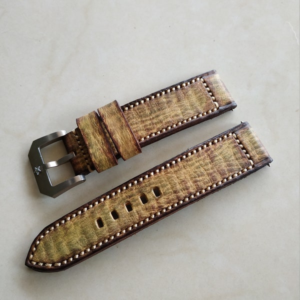 Handmade Leather vintage olive green/ Brown watch strap with plain steel buckle.