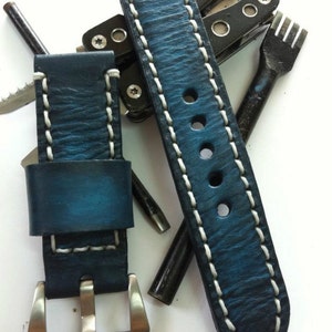 Handmade Dark Blue Jeans Color Paint Leather Strap Band Free buckle.