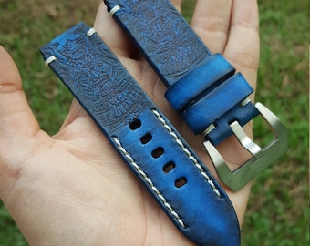 Cinturino per orologio in pelle blu disegnato a mano Fibbia libera.