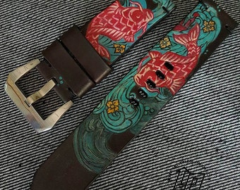 100% Handmade Hand Paint Japanese Carp Koi Art Watch Strap Free buckle.