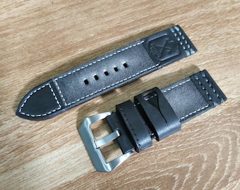 Handmade Black & Grey Canvas with Flottiglia Logo Leather Watch Strap Band With Buckle.