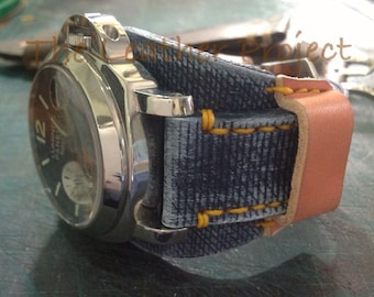 Handmade Color Paint Blue Jeans Leather Bund Watch Strap Band