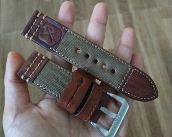 Handmade Green Canvas with Flottiglia Logo Leather Watch Strap Band With Buckle.
