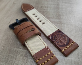 Handmade Cream Canvas with Compass Logo Leather Watch Strap Band With silver color Buckle.