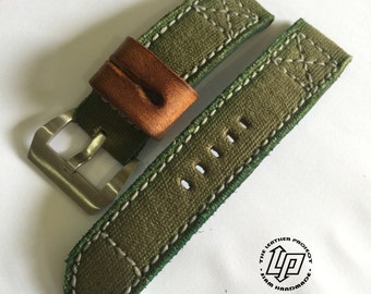 Handmade Green Canvas Leather Watch Strap Band With Buckle.