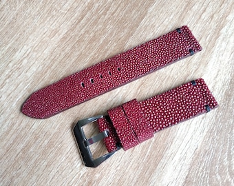 Handmade Dark Rad & Black stingray watch strap with buckle.