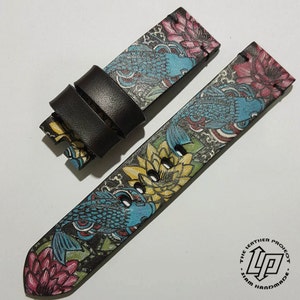 100% Handmade Hand Paint Japanese Carp Koi Art Watch Strap Free buckle.