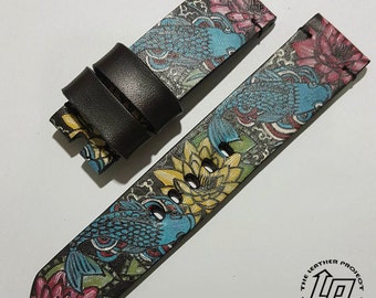 100% Handmade Hand Paint Japanese Carp Koi Art Watch Strap Free buckle.