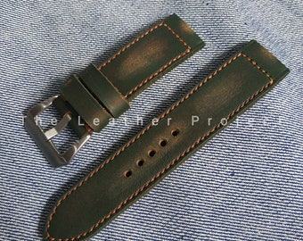 Handmade Vintage Dark Olive Green Italian Leather watch strap Free buckle.