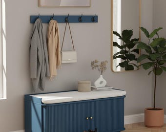 Modern Fluted Shoe Storage Bench with Cushion, Sliding Door Cabinet, Entryway Organizer with Hooks