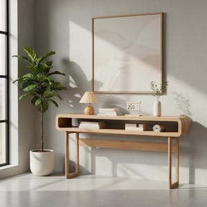 Peut inclure: Une console en bois clair avec un cadre rectangulaire arrondi et une étagère ouverte. Sur le dessus se trouvent une lampe plissée, une pile de livres, un petit calendrier affichant le nombre 20 et un vase blanc. Un figuier lyre en pot est à côté.