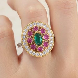 Art Deco Style Emerald & Ruby Ring, Two Tone Gold Cocktail Ring, Oval Gemstone Halo Jewelry, Statement Ring, Christmas Gift for Her