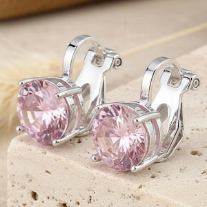 Pink Crystal Clip On Earrings, Silver Solitaire Studs for Non Pierced Ears, Round Gemstone Jewelry, Classic Holiday Gift for Her, Stocking