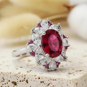 Art Deco Style Ruby Ring, Floral Halo Cocktail Ring, Marquise Cut Pink Stone Jewelry, Oval Statement Ring, Christmas Gift for Her