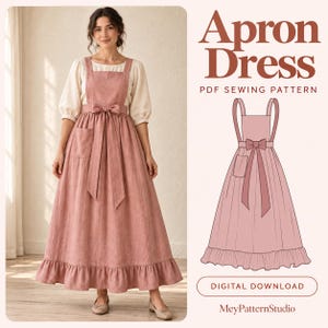 May include: A dusty rose apron dress with a square neckline, wide shoulder straps, a waist tie bow, and a ruffled hem. The image includes a technical line drawing of the garment and the text: Apron Dress PDF SEWING PATTERN DIGITAL DOWNLOAD.