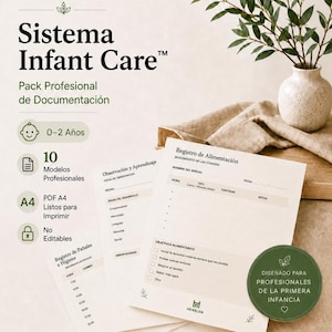 May include: A professional infant care documentation pack featuring ten A4 PDF templates for tracking feeding, hygiene, and development for children aged 0-2 years. The documents include headers like Registro de Alimentación and Observación y Aprendizaje, with the Herelen logo and branding visible throughout the layout.