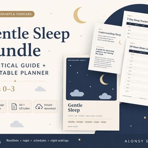 Puede incluir: Un Gentle Sleep Bundle para bebés y niños pequeños de 0 a 3 años, que incluye una guía práctica de 52 páginas y un planificador imprimible. El conjunto contiene un rastreador de sueño de 7 días, un registro de 24 horas y hojas informativas.