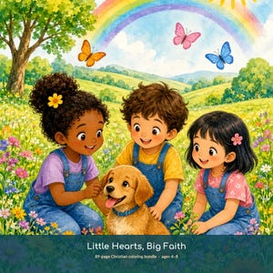 Pode incluir: Uma ilustração digital de três crianças com jardineiras de ganga sentadas num campo de flores com um cachorro dourado. Acima delas, um arco-íris, borboletas e uma árvore. O texto diz: Little Hearts, Big Faith 89-page Christian coloring bundle ages 4-8.
