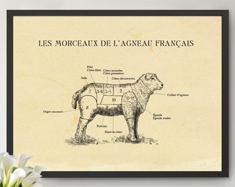 Tabla de cortes de cordero FRANCÉS - Tabla de carnicero Todos los tamaños, Impresión al aguafuerte, Impresión de granja, Tabla de cortes de carne, Impresiones para la cocina.